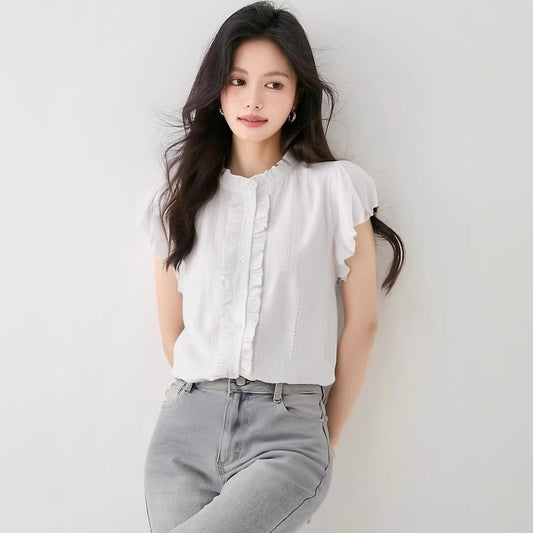 Cotton Ruffle White Short Sleeve Blouse for Women Summer Fashion Fly Sleeve Shirt Top - UrbanNest Co