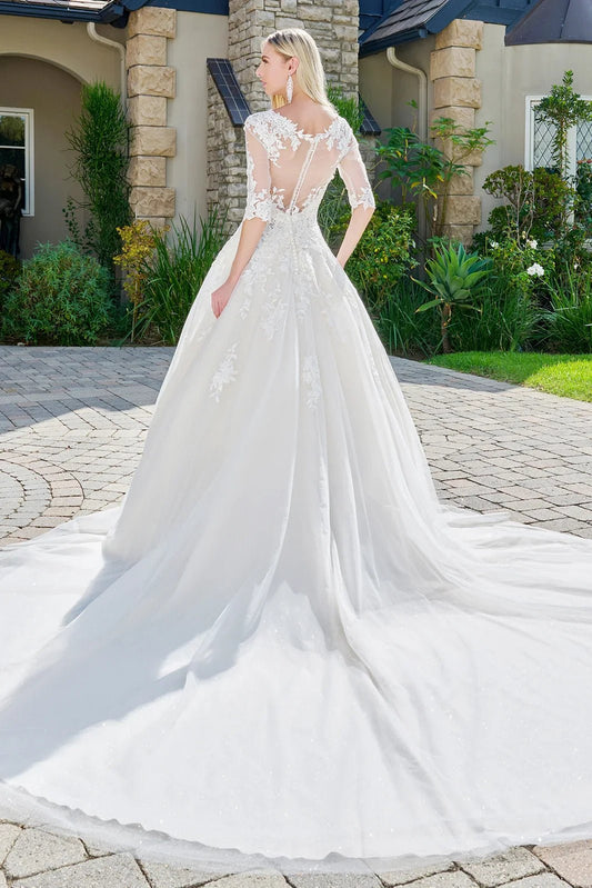Wedding dress with V - neck, embroidered sparkly mesh and 1/2 sleeves - UrbanNest Co