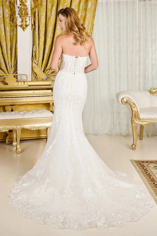 Wedding Dress With Trumpet Cut, Detachable Sheer High Neck Top And Long Sleeves - UrbanNest Co