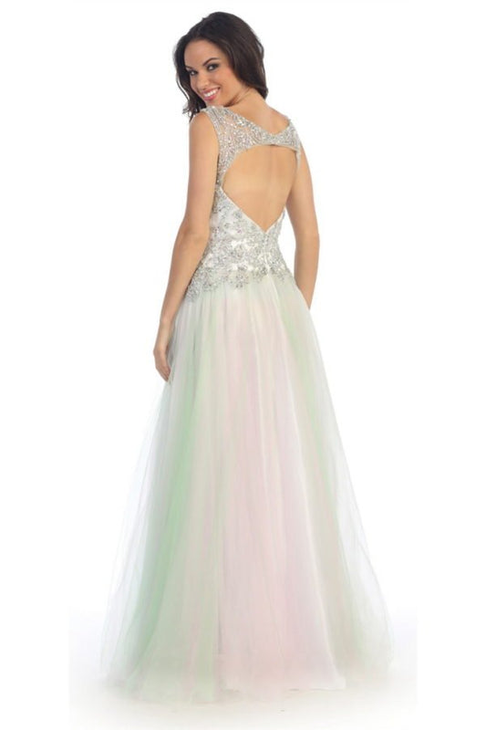Sleeveless Tulle Long Dress with Bead Embellished Bodice and Neckline - UrbanNest Co