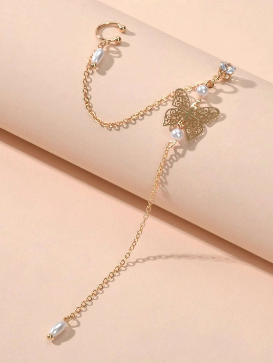 1pc Crystal Pearl Butterfly Long Chain Cartilage Stud Earring Stunning Ear Cuff - UrbanNest Co