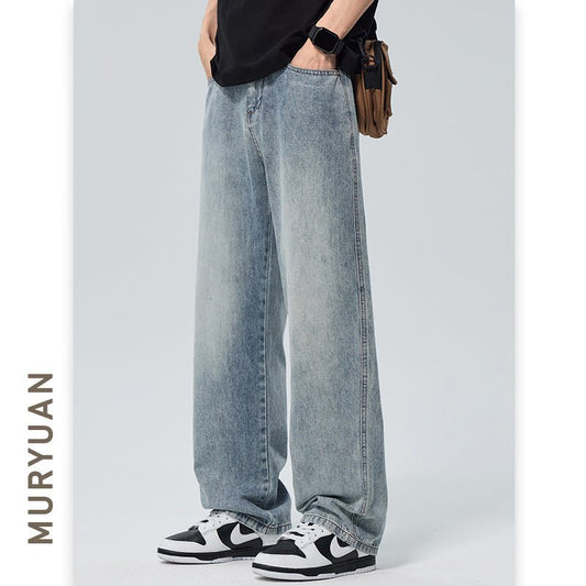 Washed Denim Pants Men Loose Straight Fit Half Elastic Simple Long Trousers - UrbanNest Co