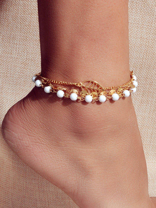 1 pc Foot Beach Jewellery Gold Silver Multi - layer Chain White Beads Leaf Anklet - UrbanNest Co