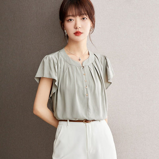 Chiffon Short Sleeve Blouse for Women, Summer Designer Loose Fit with Flutter Sleeves and Peter Pan Collar Top - UrbanNest Co