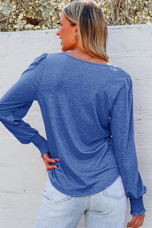 Andrea Shirred Shoulder Frilled Cuffs Long Sleeve Top - UrbanNest Co