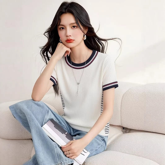 Round Neck Short Sleeve Knit Top, Fitted Elegant and Stylish Casual Blouse - UrbanNest Co