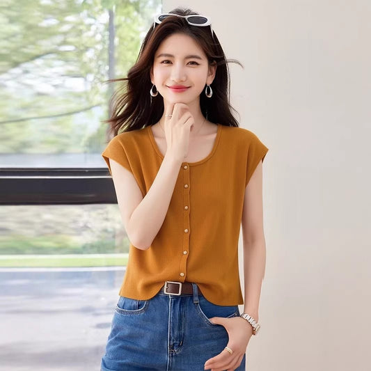 Vintage Tweed Square Neck Short Sleeve Knit Top for Women Summer Unique Elegant Gold Single Row Button Cardigan - UrbanNest Co