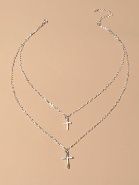Fashion Jewellery Silver Chain Double layer Chain Cross Pendant Women Necklace - UrbanNest Co