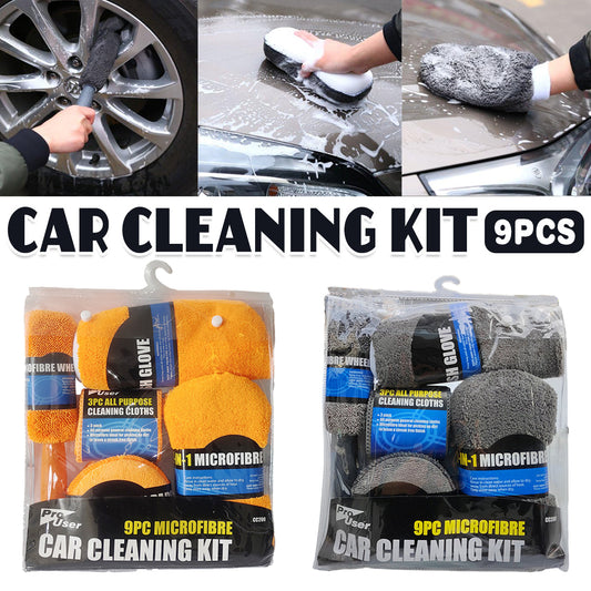 9PCS Car Cleaning Kit Microfiber Towel Wax Sponge Wheel Brush Gloves Set Use-0