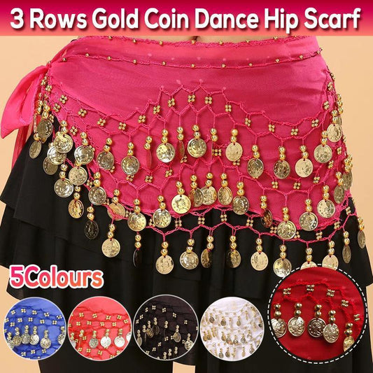 1X 3Rows Belly Dance Dancing Hip Scarf Belt Chain Skirt Golden Tone 98 Coin Bead-0