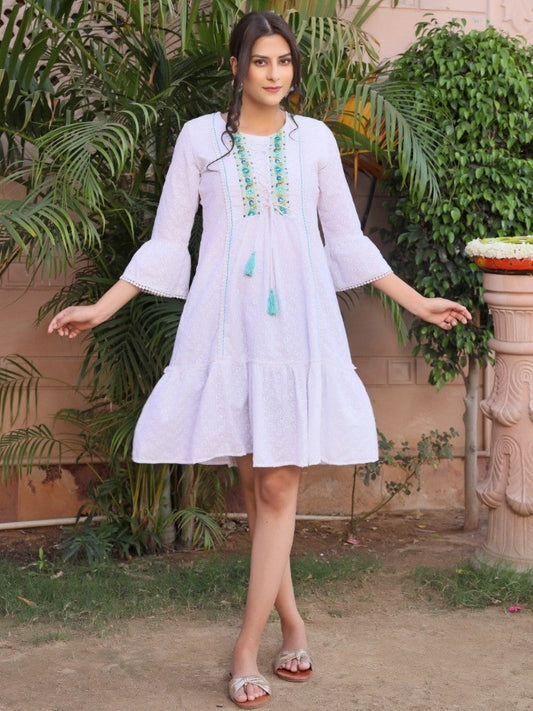 Short dress with handwork and self-printed cotton fabric-0