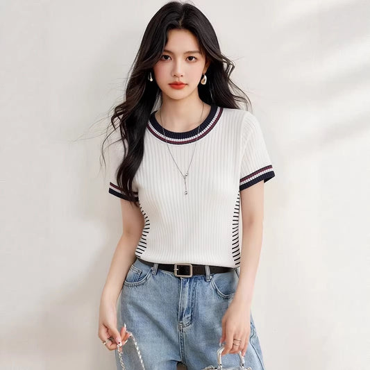 Round Neck Short Sleeve Knit Top, Fitted Elegant and Stylish Casual Blouse - UrbanNest Co