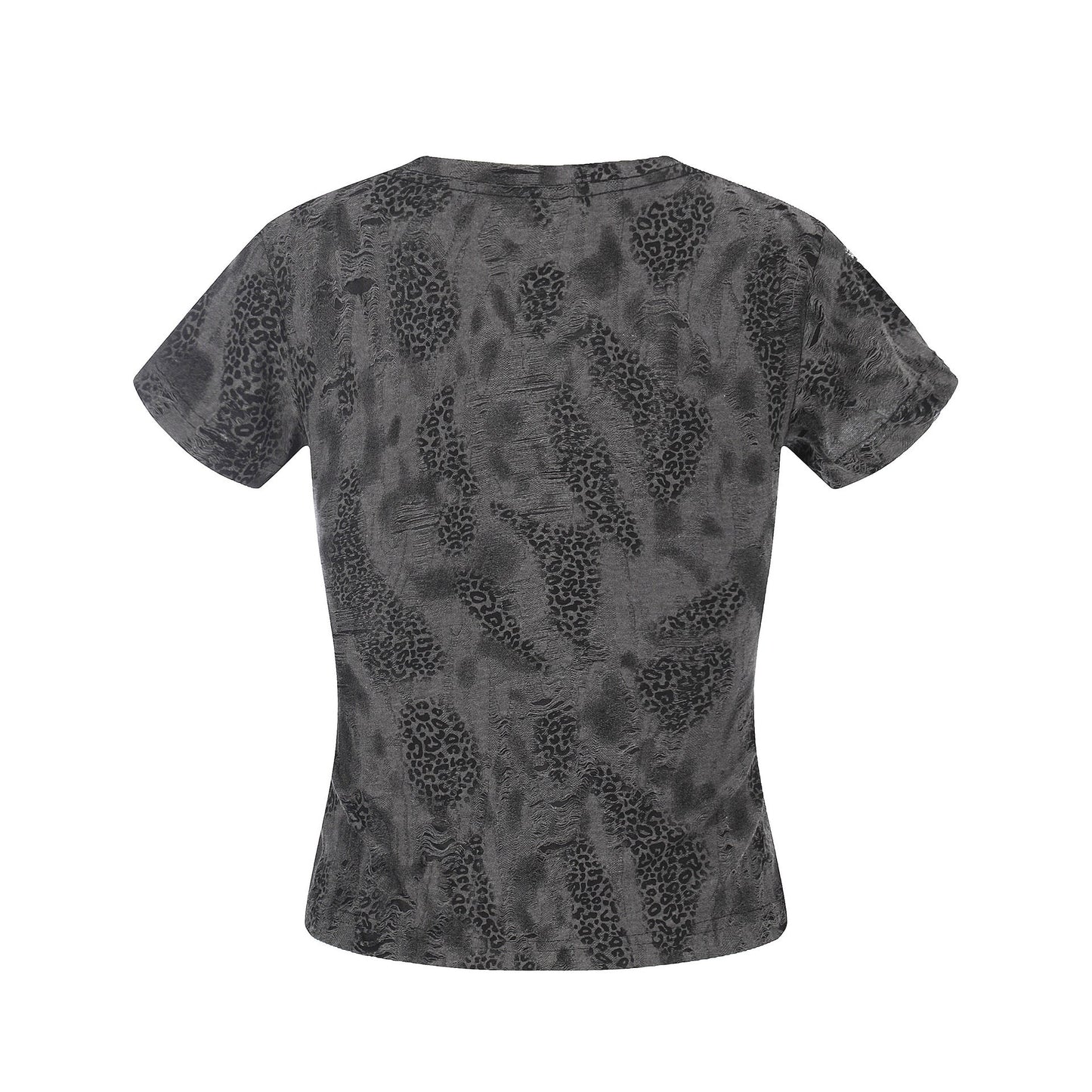 Distressed Leopard Print V - Neck Short Sleeve T-Shirt Streetwear Chic Style with Cross Rhinestone Embellishment - UrbanNest Co