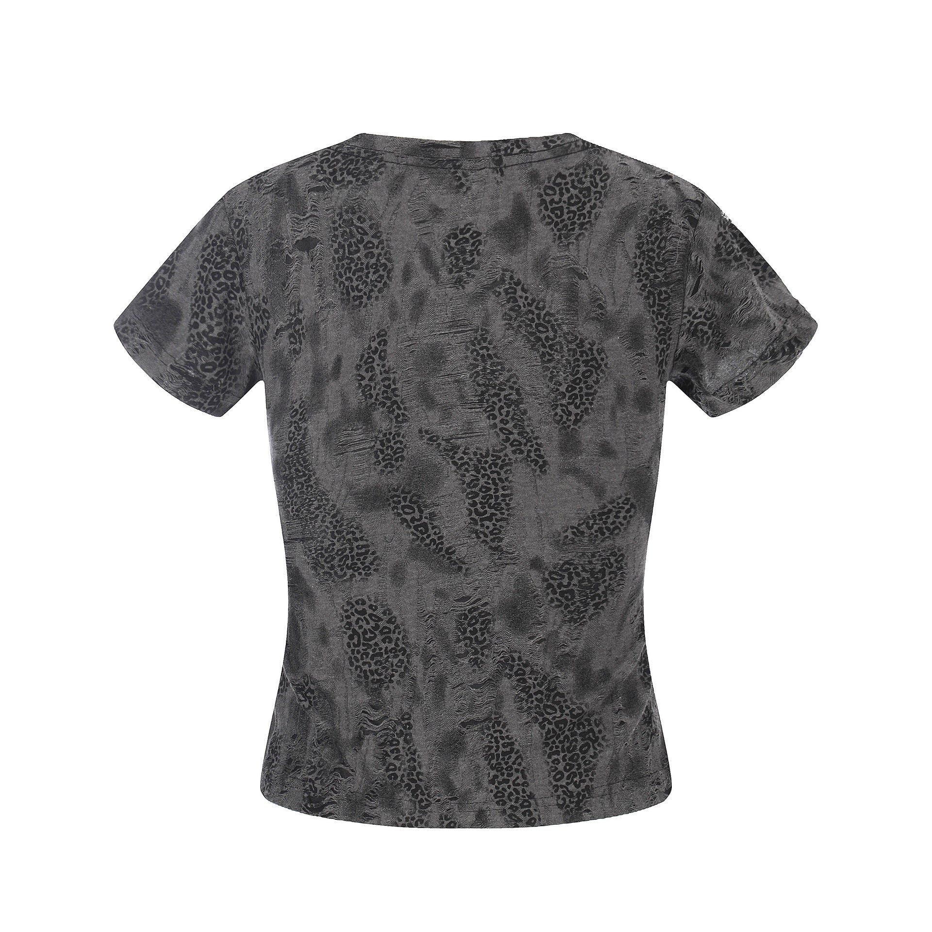 Distressed Leopard Print V - Neck Short Sleeve T-Shirt Streetwear Chic Style with Cross Rhinestone Embellishment - UrbanNest Co