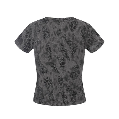 Distressed Leopard Print V - Neck Short Sleeve T-Shirt Streetwear Chic Style with Cross Rhinestone Embellishment - UrbanNest Co