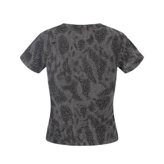 Distressed Leopard Print V - Neck Short Sleeve T-Shirt Streetwear Chic Style with Cross Rhinestone Embellishment - UrbanNest Co
