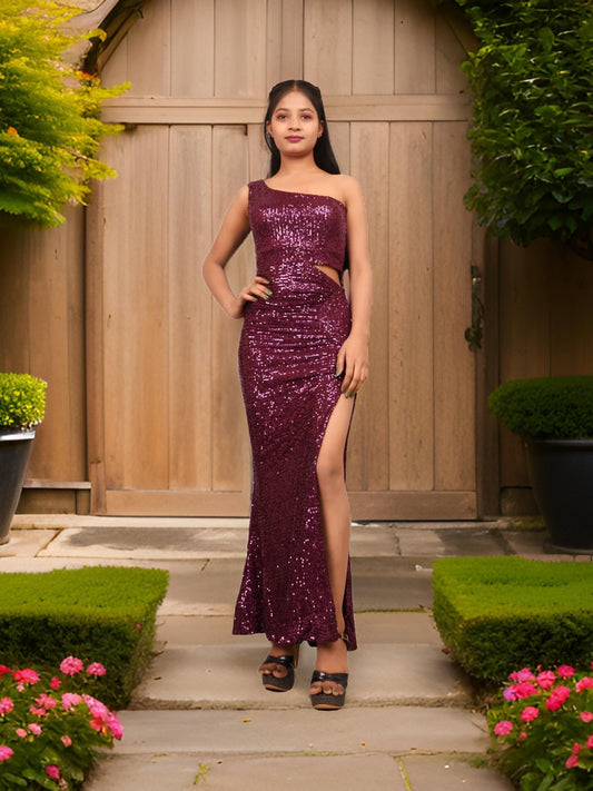 Wine Sequins One - Shoulder Maxi Party Dress by Shreekama - UrbanNest Co