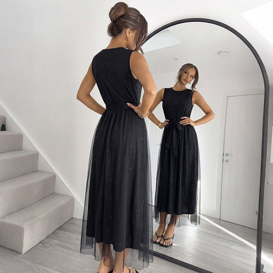 Round Neck Sleeveless Dress, Mesh Splicing Long Dress, Solid Color Belted Evening Dress for Women - UrbanNest Co