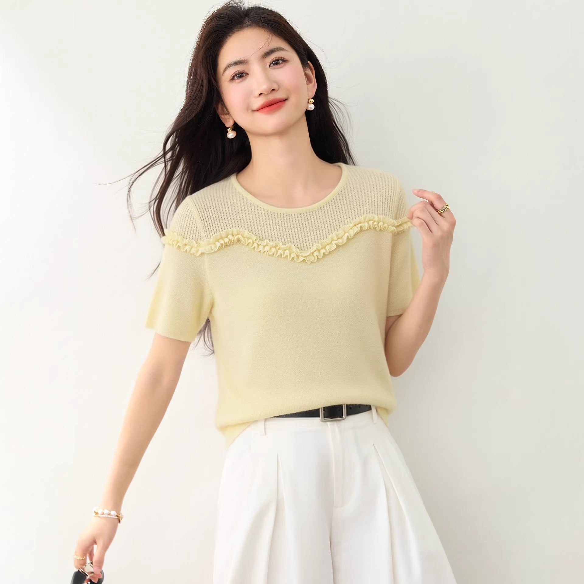 SweetTop Round Neck with Lace Trim Solid Color Versatile Short Sleeve Knitwear for Women - UrbanNest Co