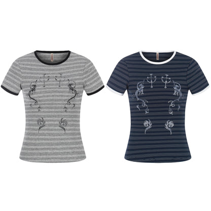 Wind Pattern Printed Stripe Short Sleeve T-Shirt Color - Blocking Edge Design - UrbanNest Co