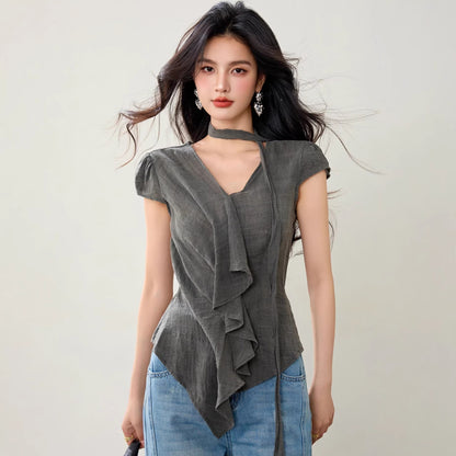 V - Neck Irregular Ruffle Design Shirt for Women, Summer Fitted Slimming Split Ribbon Short Sleeve Top - UrbanNest Co