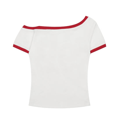 Shoulder T-Shirt Slim Fit Color - Blocked Edge, Off - Shoulder Short Sleeve Top - UrbanNest Co