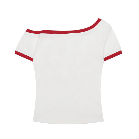 Shoulder T-Shirt Slim Fit Color - Blocked Edge, Off - Shoulder Short Sleeve Top - UrbanNest Co