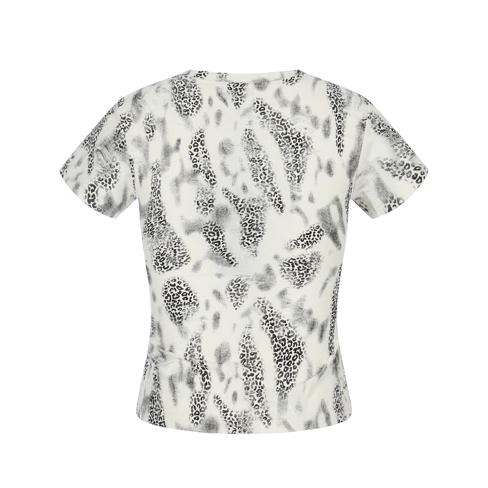 Distressed Leopard Print V - Neck Short Sleeve T-Shirt Streetwear Chic Style with Cross Rhinestone Embellishment - UrbanNest Co