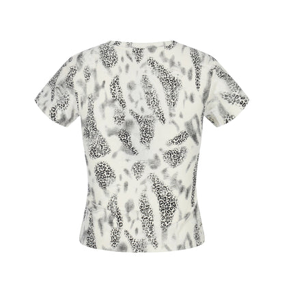 Distressed Leopard Print V - Neck Short Sleeve T-Shirt Streetwear Chic Style with Cross Rhinestone Embellishment - UrbanNest Co