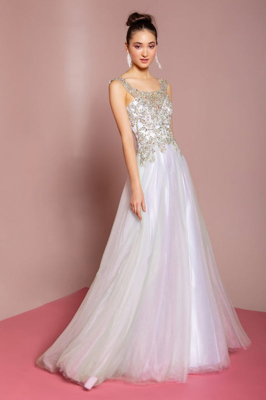 Sleeveless Tulle Long Dress with Bead Embellished Bodice and Neckline - UrbanNest Co