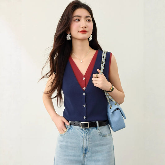 V - neck Sleeveless Knit Vest for Women, Faux Two - Piece Single - Button Top, Versatile Upperwear, Women's Clothing - UrbanNest Co