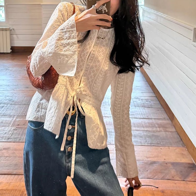 Romantic Holiday Fully Embroidered Lace - Up Flared Sleeve Spring Summer Top White Knit Cardigan - UrbanNest Co