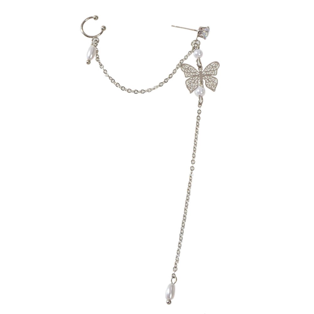 1pc Crystal Pearl Butterfly Long Chain Cartilage Stud Earring Stunning Ear Cuff - UrbanNest Co