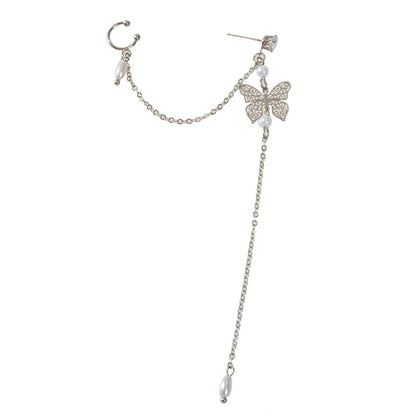 1pc Crystal Pearl Butterfly Long Chain Cartilage Stud Earring Stunning Ear Cuff - UrbanNest Co