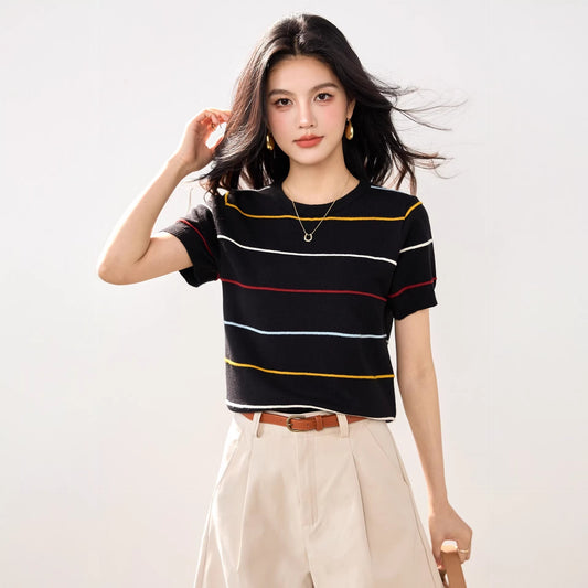 Color - block Stripe Short Knit Top Women's Short Sleeve Fitted Versatile Casual Style Top - UrbanNest Co