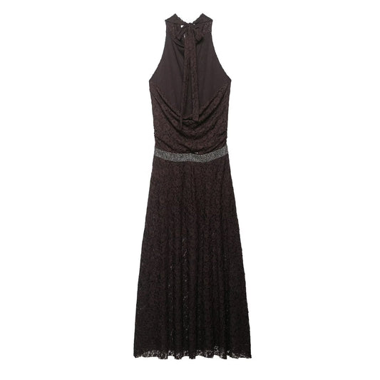 Hanging neck lace embellishment backless dress - UrbanNest Co