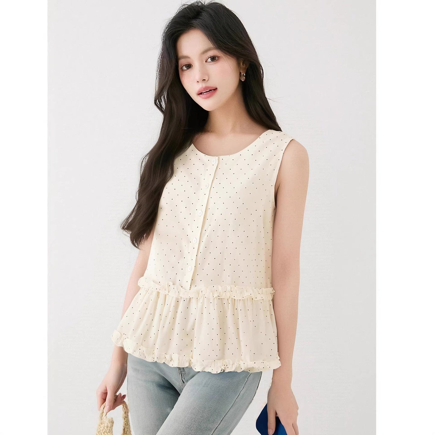 Apricot Loose Round Neck Sleeveless Polka Dot Shirt for Women, Ruffled Splicing Blouse - UrbanNest Co