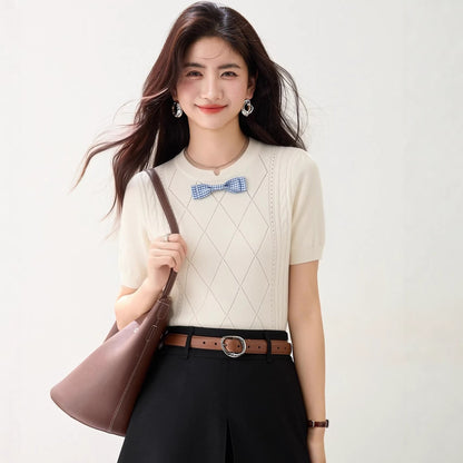 Bow Decorated Knit Regular Shoulder Short Sleeve T-Shirt for Women, Fitted Trendy Casual Top - UrbanNest Co