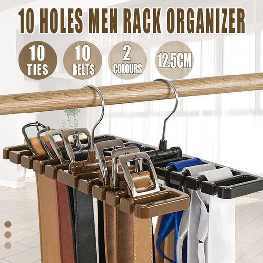10 Slot Tie and Belt Hanger for Wardrobe Mens Closet Rack Organiser Hook - Brown - UrbanNest Co
