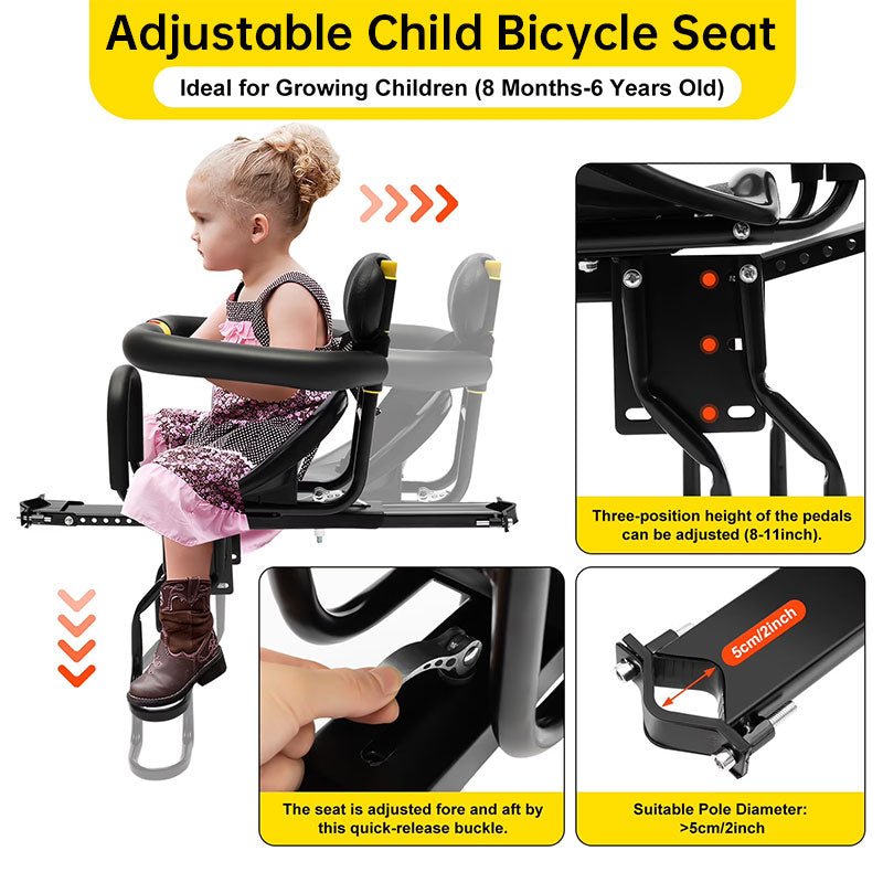 Heavy Duty Front Bicycle Child Seat - Supports 35kg - Adjustable Kids Bike Seat with 3 - Point Safety Belt & Non - Slip Pedals - UrbanNest Co