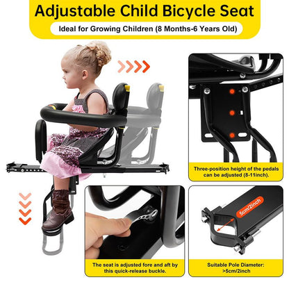 Heavy Duty Front Bicycle Child Seat - Supports 35kg - Adjustable Kids Bike Seat with 3 - Point Safety Belt & Non - Slip Pedals - UrbanNest Co