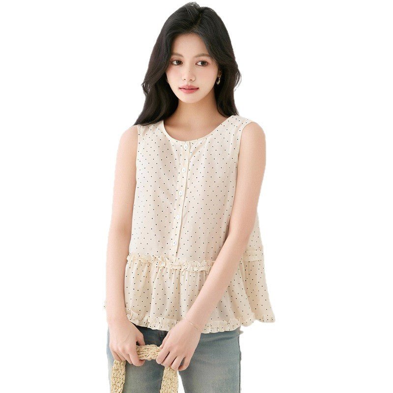 Apricot Loose Round Neck Sleeveless Polka Dot Shirt for Women, Ruffled Splicing Blouse - UrbanNest Co