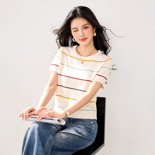 Color - block Stripe Short Knit Top Women's Short Sleeve Fitted Versatile Casual Style Top - UrbanNest Co