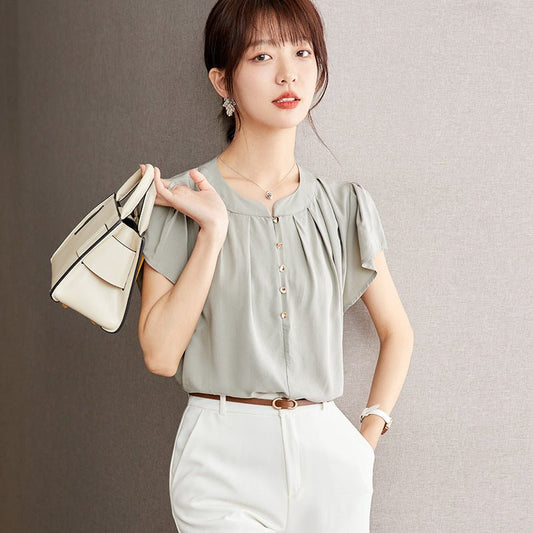Chiffon Short Sleeve Blouse for Women, Summer Designer Loose Fit with Flutter Sleeves and Peter Pan Collar Top - UrbanNest Co