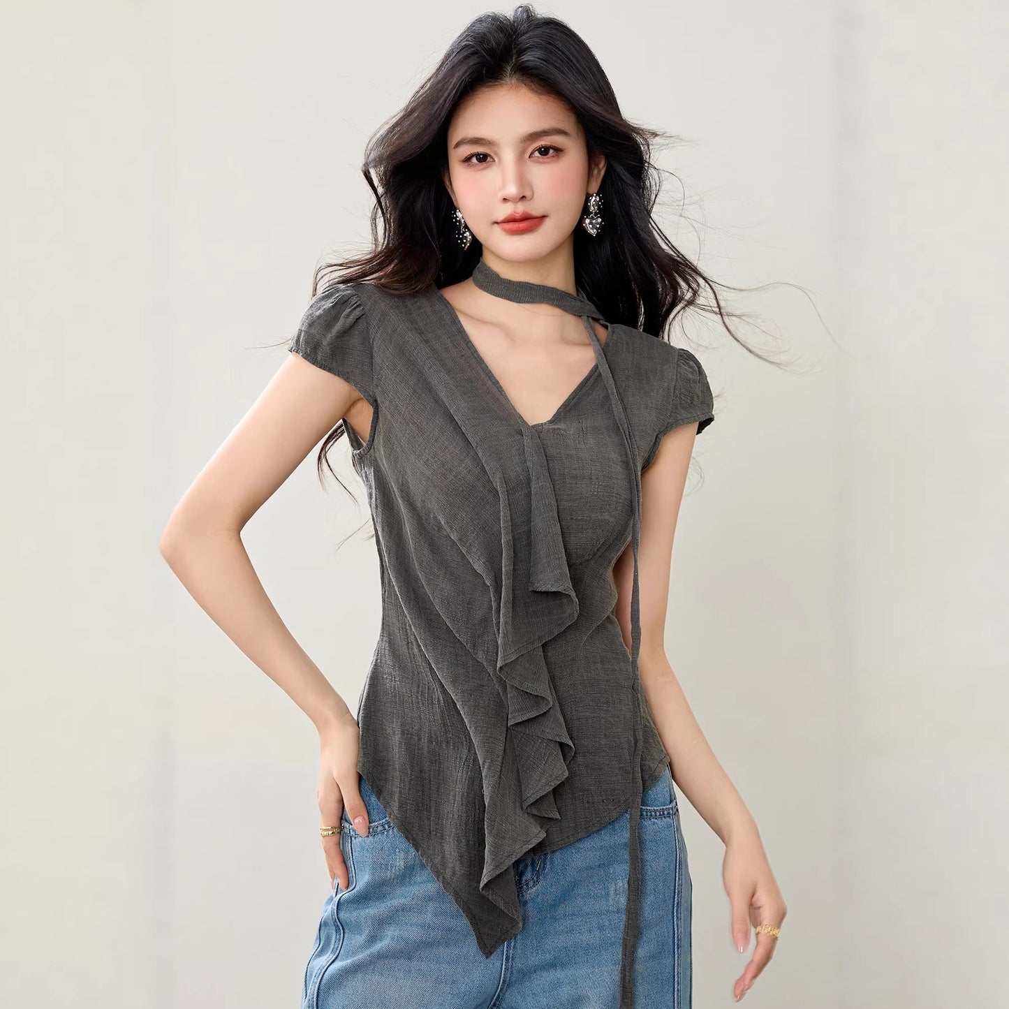 V - Neck Irregular Ruffle Design Shirt for Women, Summer Fitted Slimming Split Ribbon Short Sleeve Top - UrbanNest Co