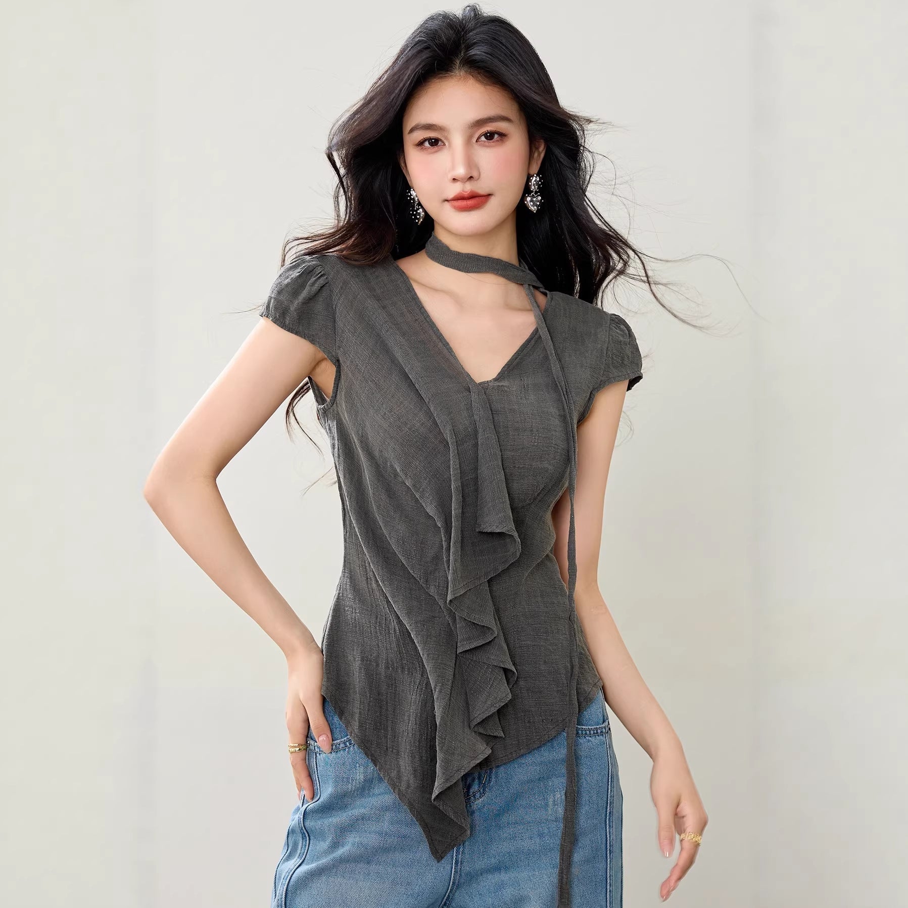 V - Neck Irregular Ruffle Design Shirt for Women, Summer Fitted Slimming Split Ribbon Short Sleeve Top - UrbanNest Co