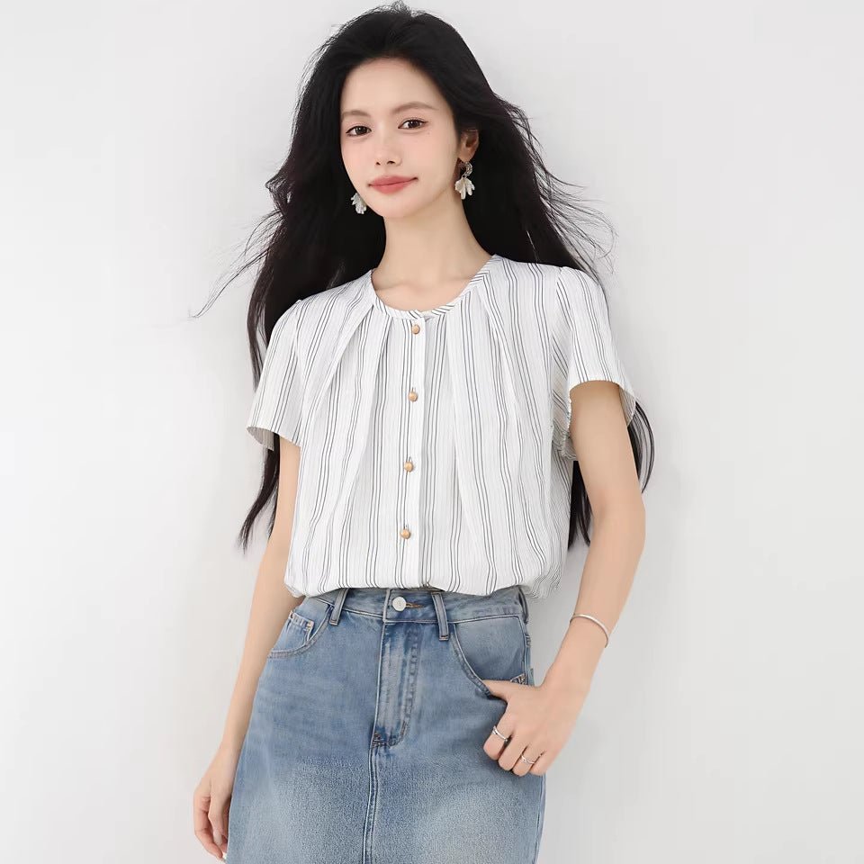 Cotton Linen Short Sleeve Shirt Women Stripe Blouse Ramie Top Elegant Luxury Stylish - UrbanNest Co