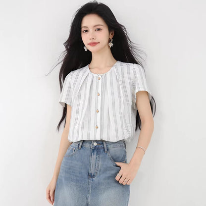 Cotton Linen Short Sleeve Shirt Women Stripe Blouse Ramie Top Elegant Luxury Stylish - UrbanNest Co