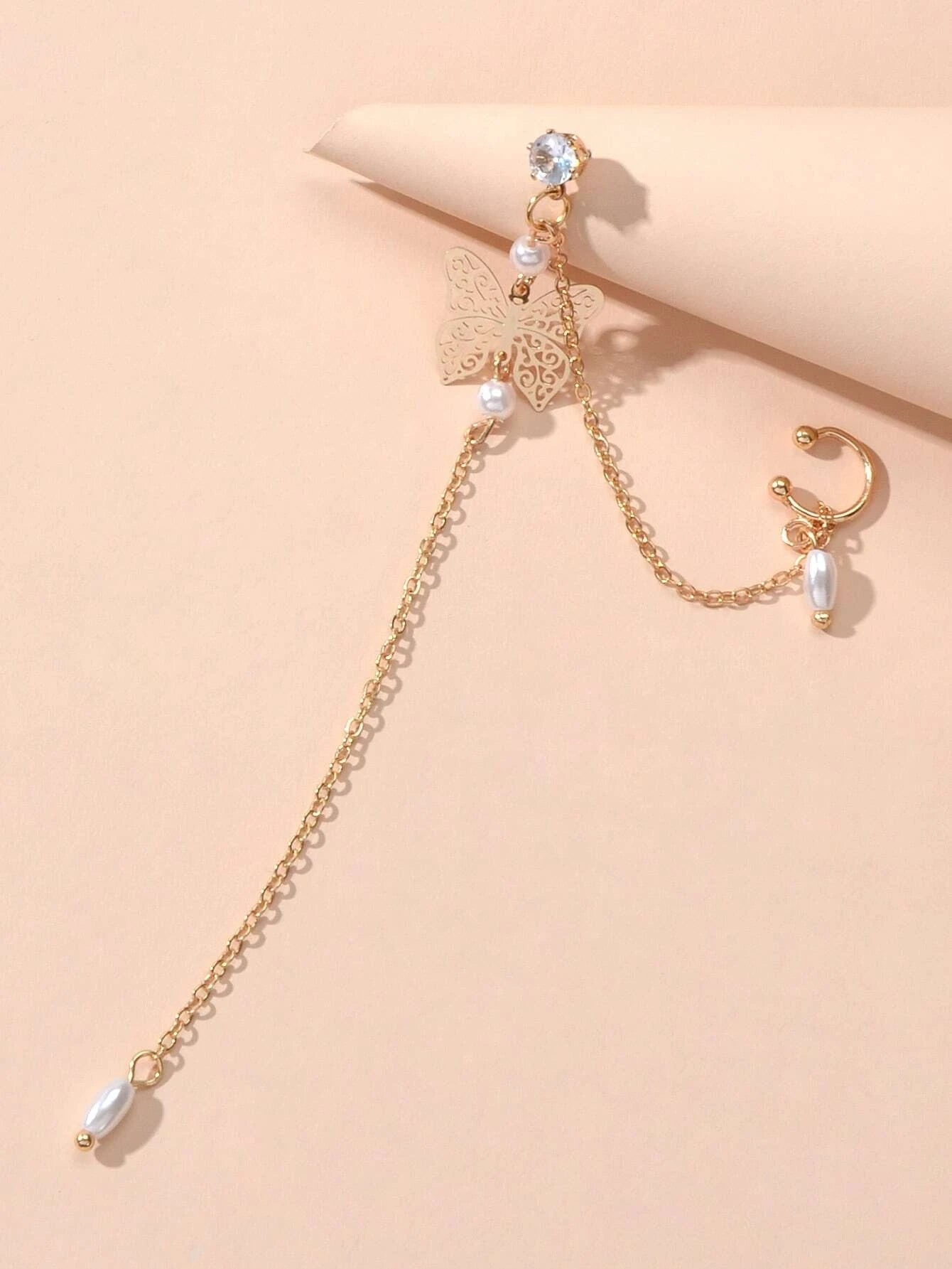 1pc Crystal Pearl Butterfly Long Chain Cartilage Stud Earring Stunning Ear Cuff - UrbanNest Co
