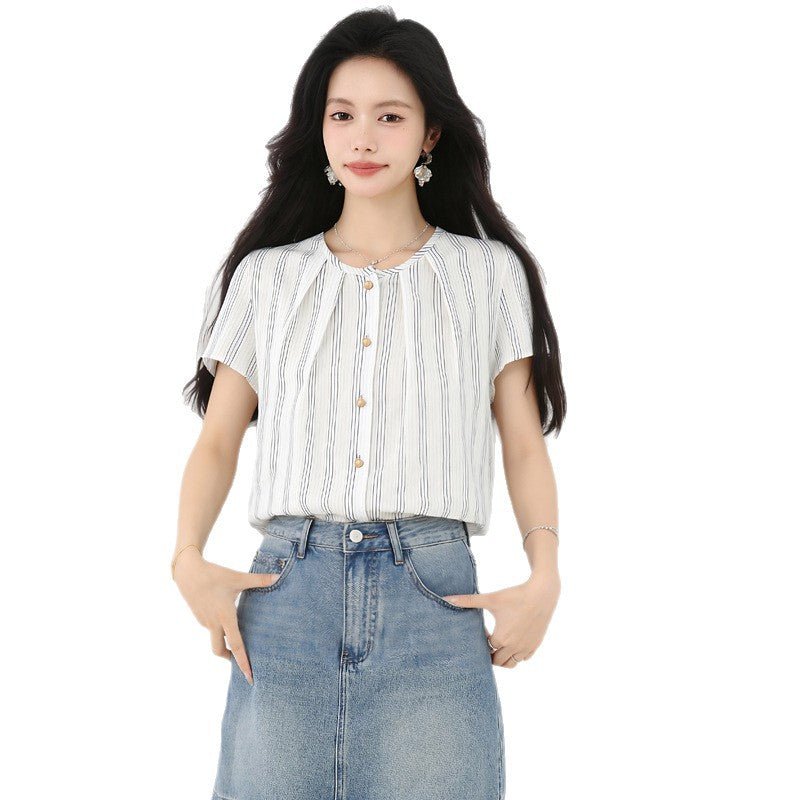 Cotton Linen Short Sleeve Shirt Women Stripe Blouse Ramie Top Elegant Luxury Stylish - UrbanNest Co